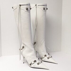 Balenciaga Cagole Lamb Skin Knee High Boots, White, Women's 38.5 EU (US 8.5)